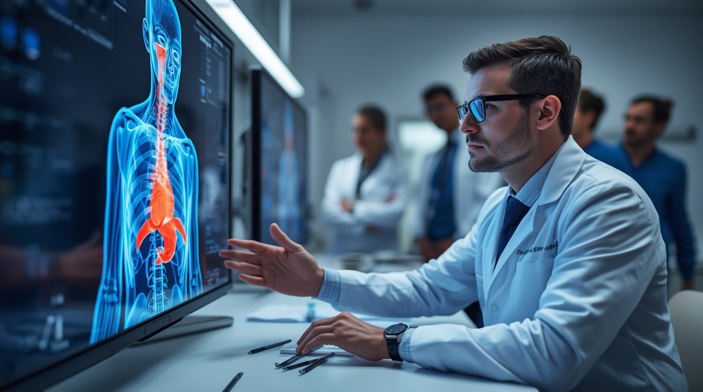 Doctor wearing an AR headset reviewing 3D patient data