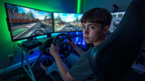 Young driver in a go-kart on track