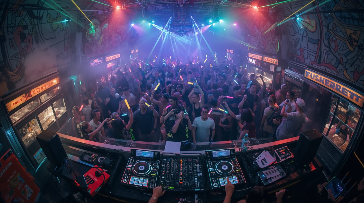 lucid origin wide shot of a vibrant indoor rave space with a c 2