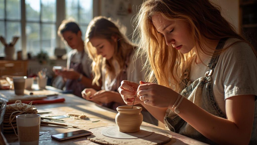 Young adults engaged in crafts like knitting and journaling