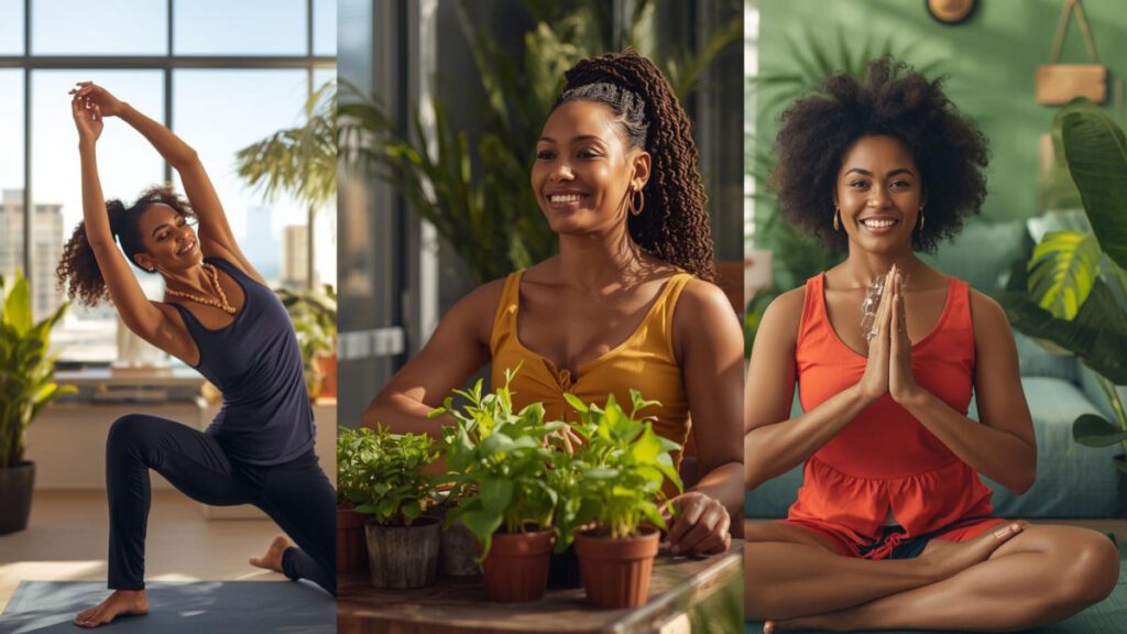 Women managing hormonal health through diet, exercise and mindfulness