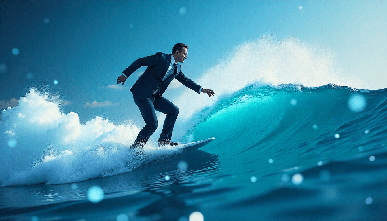 Businessperson surfing a digital wave of data