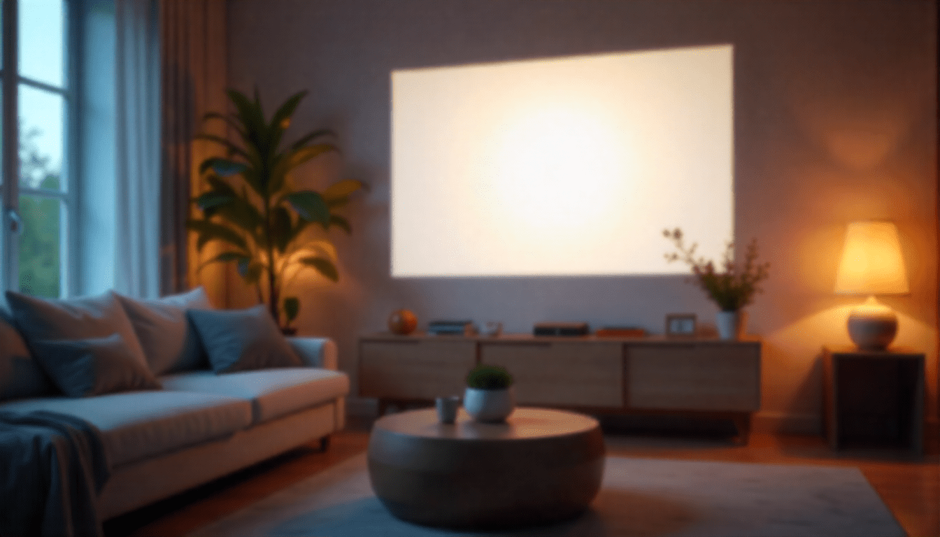 AI assistant projected softly in the background of a home