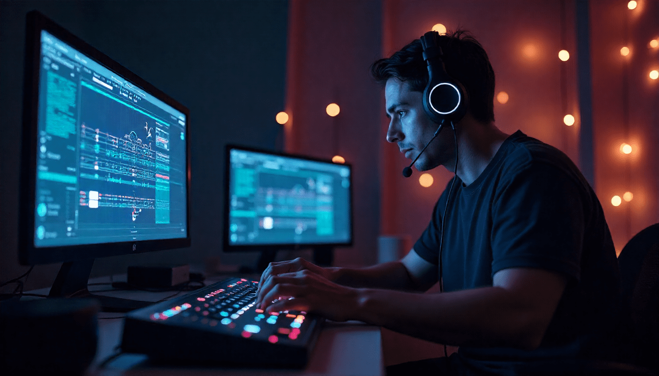 Artist wearing headphones interacting with a virtual interface