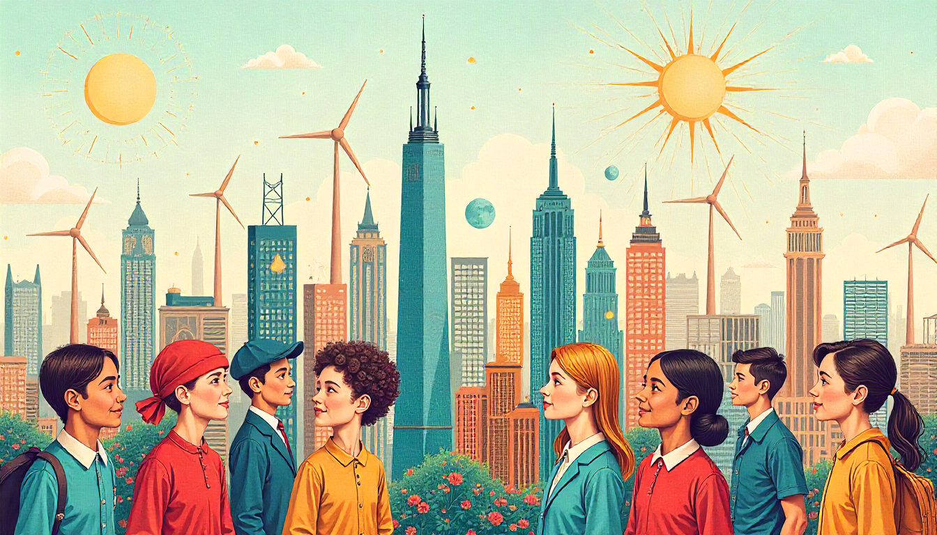 Global innovation collage with skyscrapers and wind turbines