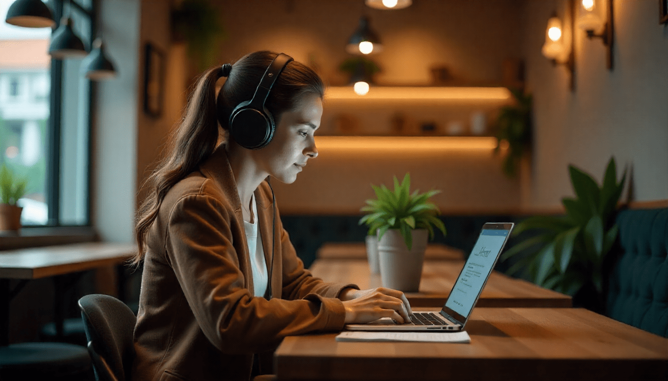 Person studying with headphones in a cafe, AI microlearning