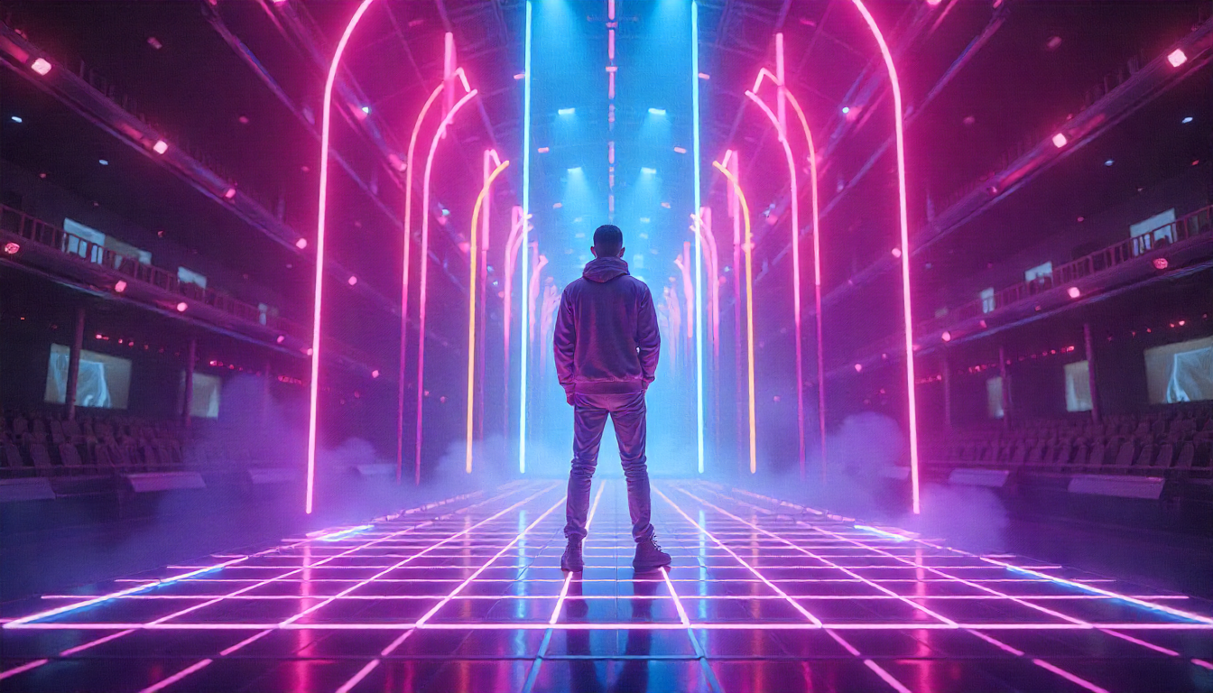 80s-inspired AI music visual with neon colours and grid patterns