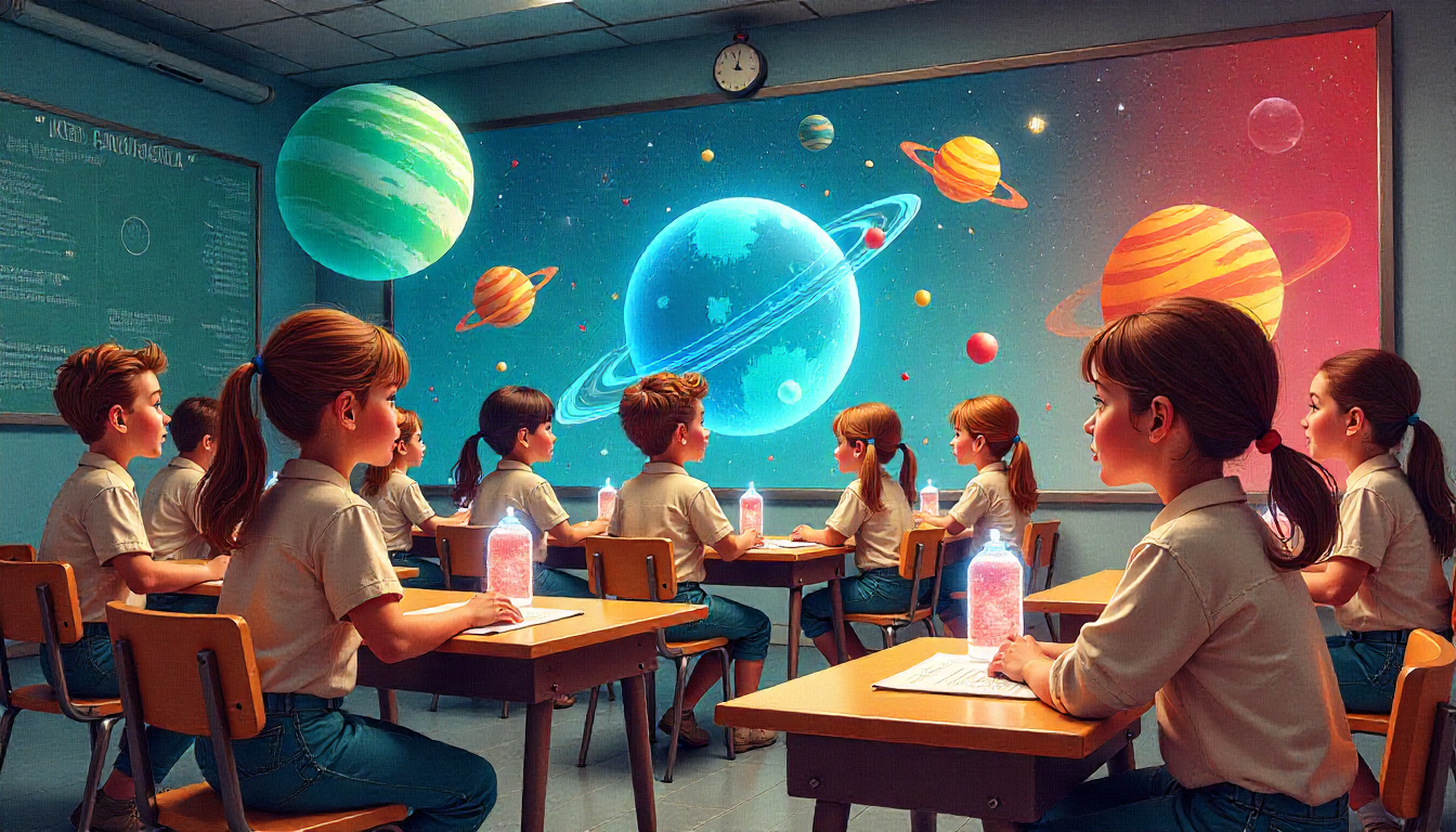 Vibrant classroom with students using holographic displays