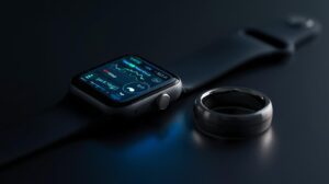 a close up of a sleek smartwatch and smart ring displaying health data, symbolizing the evolution from simple tracking to intelligent insight.