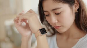 a person gently checking their smartwatch as it gives a calm reminder to breathe, symbolizing trust and emotional connection with technology.
