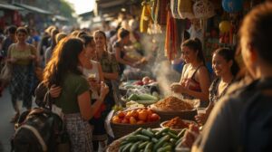a vibrant local market scene in southeast asia with travelers interacting warmly with local vendors.