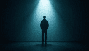 a calm individual standing in a dimly lit room
