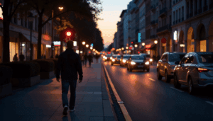 a city street at dusk with one person walking alone