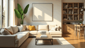 A cozy modern living room with soft sunlight and books