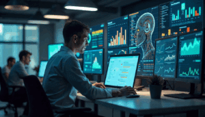 A futuristic workspace where a human and AI collaborate