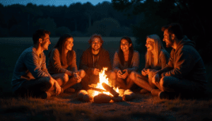 A group of friends laughing around a campfire at night