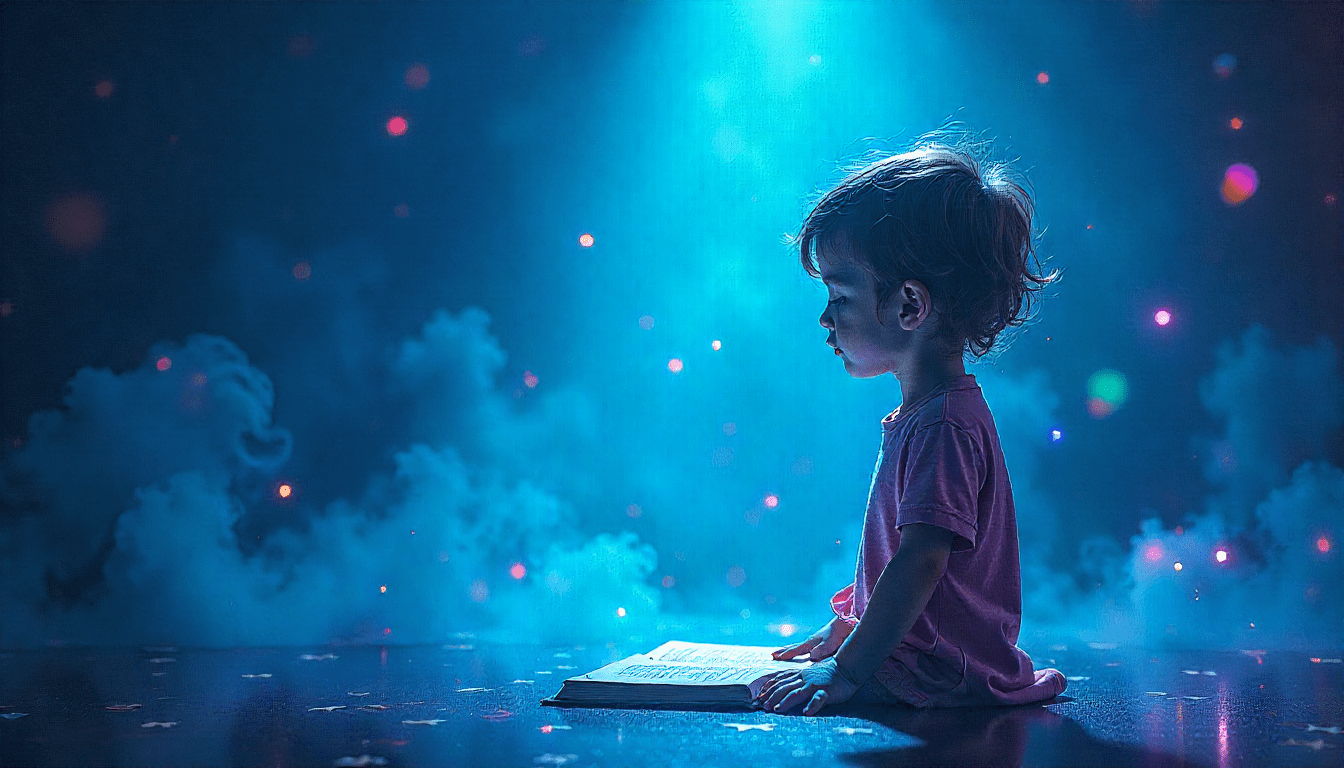 A lone creator bathed in blue light with holographic visuals