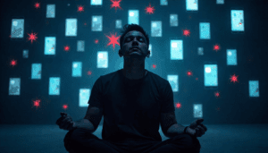 a person surrounded by glowing phone screens and notifications