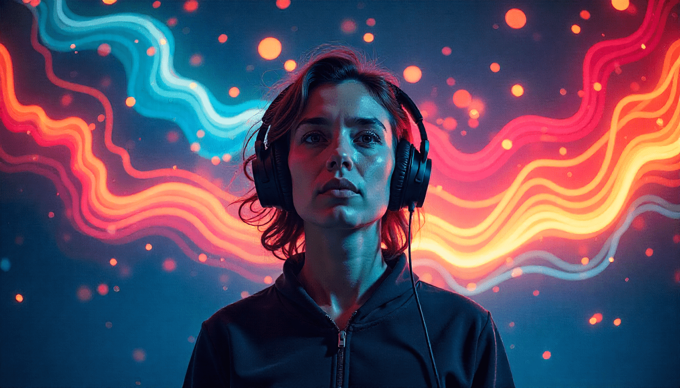 Person wearing headphones surrounded by abstract sound waves