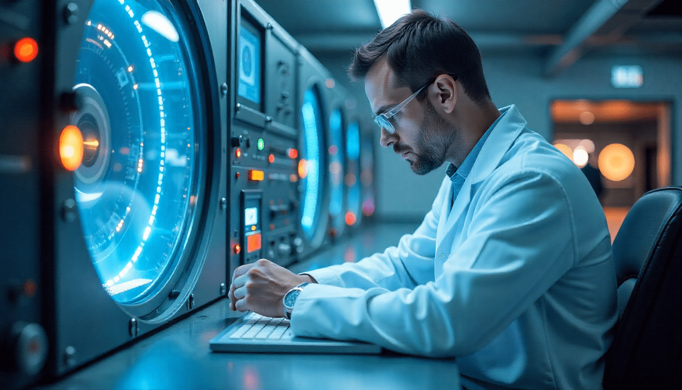 Researcher working in a cryogenic lab beside a quantum computer