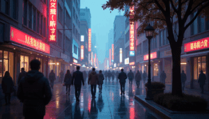 A serene city scene where people and emotionally aware AI coexist