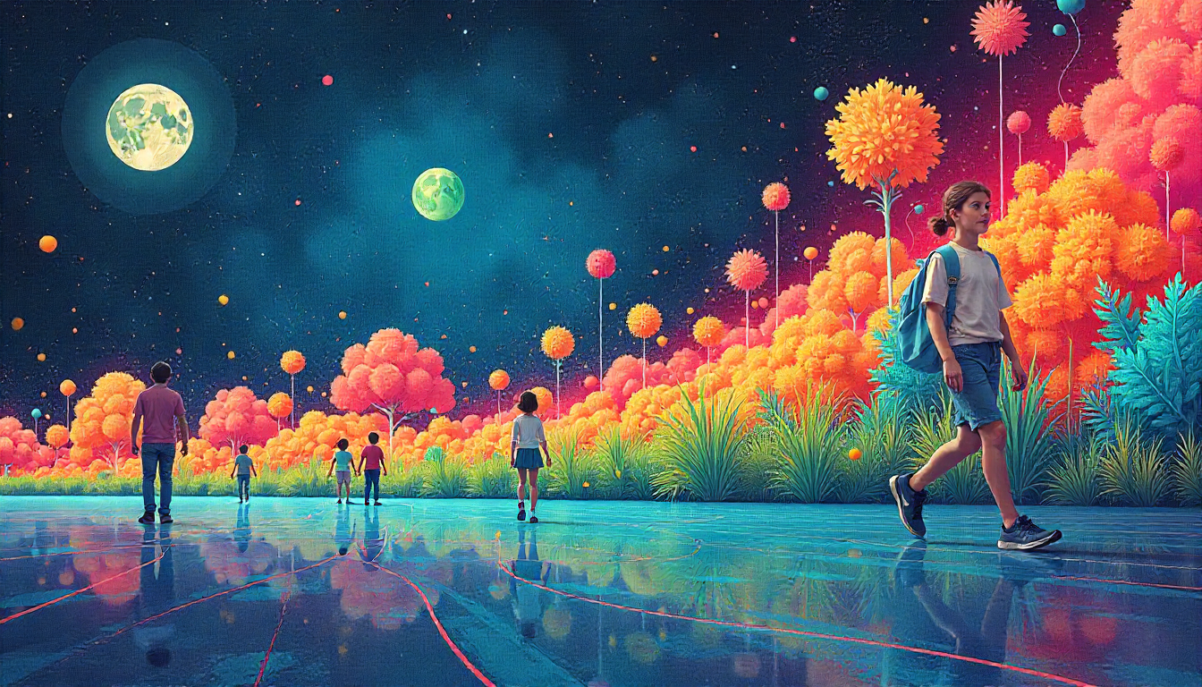 Timeline of internet trends with vibrant flowing icons