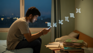 ideogram v3.0 a cinematic photojournalistic scene of a 22 year old indian male student sitting 0
